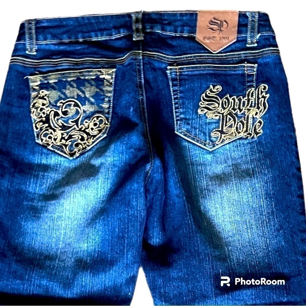 South Pole Women Blue Jeans Flared Bootcut Mid Rise Gold Embroidery Size 11